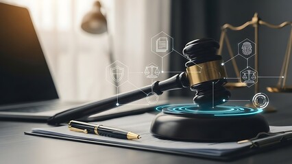 Gavel on a desk with digital icons and a laptop in the background