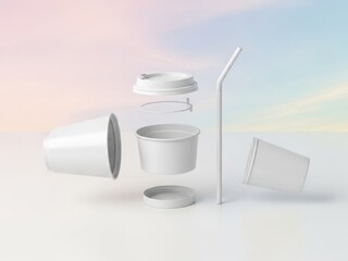 Clean modern mockup of disassembled white coffee cup with lid straw and holder elements floating in a minimalist setting pastel colors