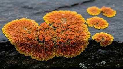 Close-up of orange lichen with rain drops on a dark rock surface.