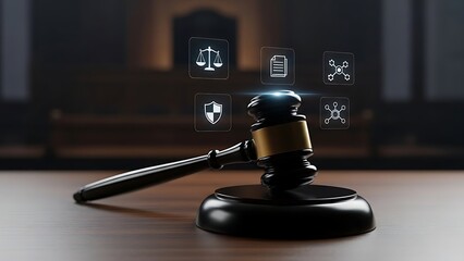 Gavel with legal icons on wooden table in courtroom setting