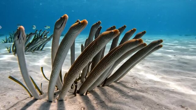 Garden eels underwater in the sand, garden eels in their natural habitat underwater wildlife