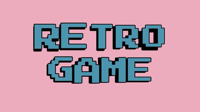Retro game text animation in blue 8-bit pixel art style with black drop shadow on a soft pink background for nostalgia