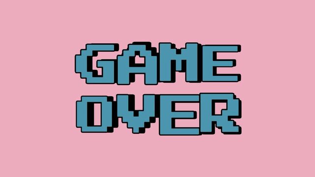 Game over text animation in blue 8-bit pixel art style with black drop shadow on a soft pink background for gaming