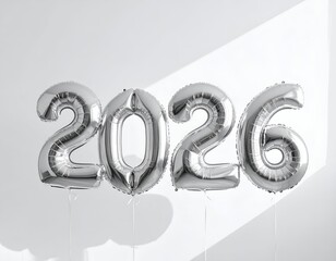 Silver foil balloons forming the number 2026, white background