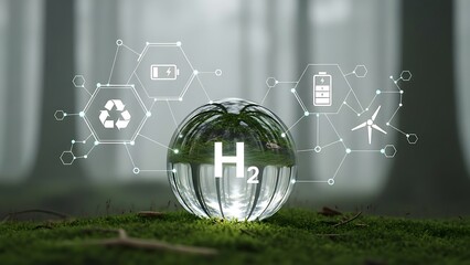 Hydrogen energy concept with green grass and digital elements