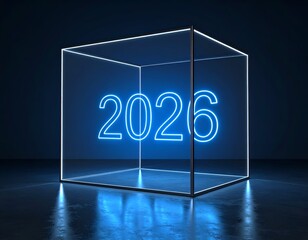 Illuminated "2026" within a transparent cube. Dark, reflective background