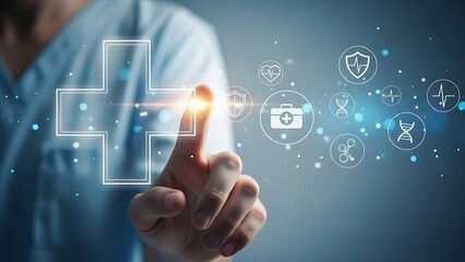 Medical professional interacting with digital healthcare icons on a screen