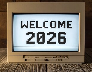 Vintage computer monitor displays "WELCOME 2026