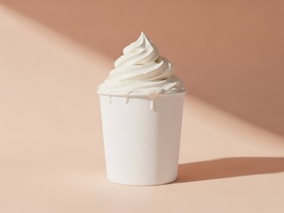 Creamy soft serve ice cream in a white paper cup with dripping texture soft shadows and warm peachy colors studio setting