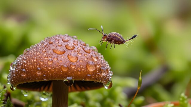 A tiny springtail insect appears to hover near a mushroom covered in glistening dew drops, showcasing the intricate beauty of the micro nature world.