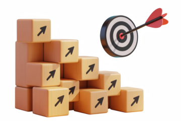 Wooden growth blocks stacked in stairs leading toward a successful bullseye target