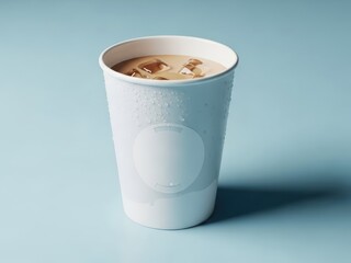 Iced coffee in a white paper cup with ice cubes set on a plain light blue surface featuring condensation on the exterior