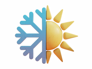 Stylized 3d icon representing the contrast between hot sunny weather and cold snowy winter conditions