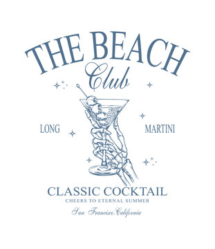 Vintage Beach Club Cocktail Graphic Retro Skeleton Hand Holding Martini Illustration for Summer Vibes