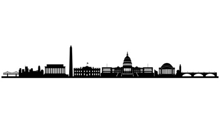 Obraz premium Washington DC Skyline Silhouette Vector Panorama. Black Cityscape of American Capital Landmarks. Lincoln Memorial, White House, Capitol Hill, and Monuments Horizon View.