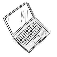 Laptop computer drawn in a sketchy outline art style for technology, work, or education concept.