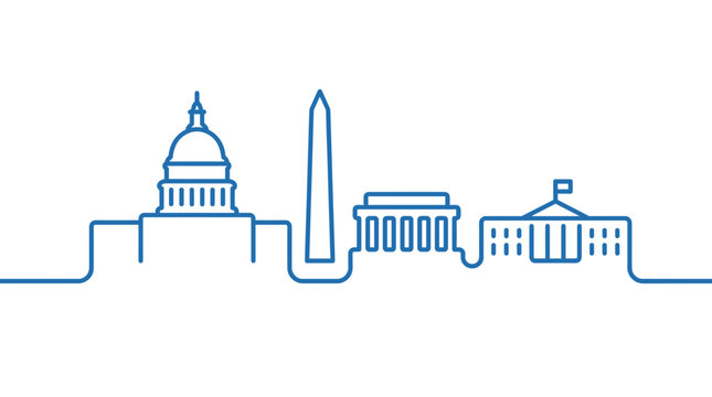 Continuous Line Washington DC Skyline Vector. Blue Monoline Outline of Capital City Landmarks. Minimalist One Line Drawing of Capitol, Monument and White House.