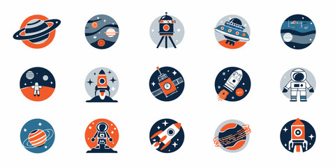 Colorful space icons depicting planets rockets astronauts and alien spacecraft © Rahul