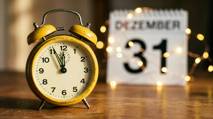 Ein Wecker steht auf 5 vor 12 und ein Kalender im Hintergrund als Symbol f&uuml;r Ende des Jahres