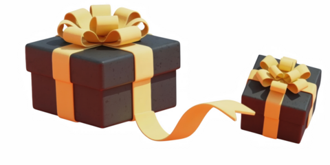 Two dark gift boxes tied with bright yellow ribbon bows isolated on a black background