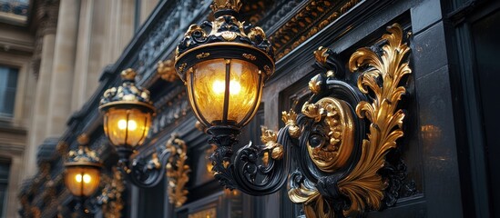 Elegant gold & black wall lamps illuminate Parisian building facade