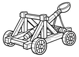 Hand drawn line art illustration of a medieval catapult depicting a siege weapon for historical context