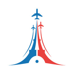 Eiffel Tower with airplanes flying overhead in Paris, vector illustration