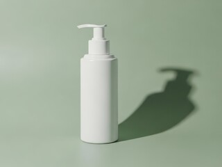 White lotion bottle mockup with long shadow against a minimal soft green background featuring a clean modern aesthetic with a single light source