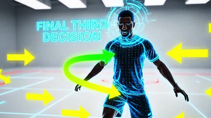 Sport Analysis, Soccer Player, Training Facility, Digital Illustration, Futuristic Environment, Close-up View, Performance Enhancement - Powered by Adobe