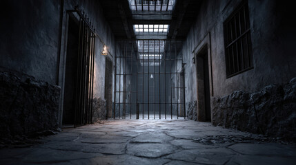 Fototapeta premium Dark and Decayed Interior of an Abandoned Prison with Stone Flooring and Metal Bars Creating a Haunting Atmosphere
