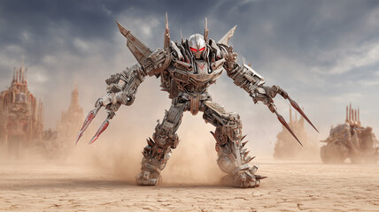 A powerful battle robot stands in a post-apocalyptic desert, surrounded by armored vehicles. Its sharp claws and glowing red eyes create an intense, cinematic sci-fi atmosphere
