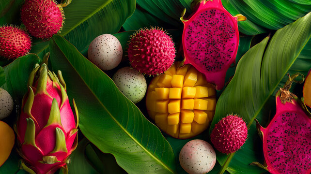 Exotic tropical fruits including dragon fruit, mango cubes and lychee arranged on deep green banana leaves, rich colors and textures in a luxurious overhead food composition