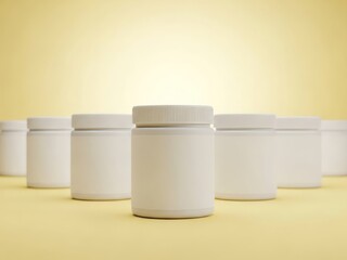 Clean white product jars arranged in a row with warm diffused lighting creating a studio shot on a pastel yellow background perfect for mockup use