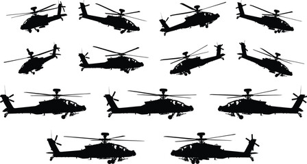 Military attack helicopter silhouettes set, Apache style combat aircraft profiles isolated on white background for defense aviation design projects branding © Shahariar's World