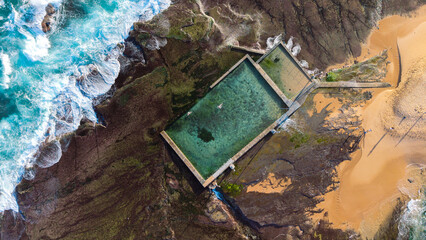 Aerial view of Mona Vale Beach, Northern Beaches NSW, Sydney, Australia. Suburbs and ocean. © Amanda