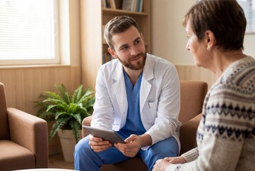 Obraz premium Young male doctor holding tablet and consulting with senior woman in comfortable medical office room
