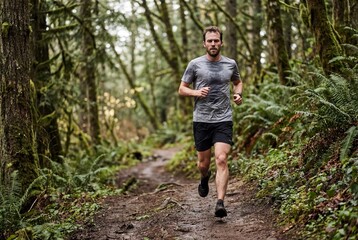Athletic male runner jogging on a dirt trail through a dense green forest during workout