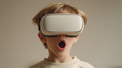 A boy in a beige sweater wearing a VR headset, mouth open in astonishment, experiencing the thrill of futuristic immersive virtual reality technology