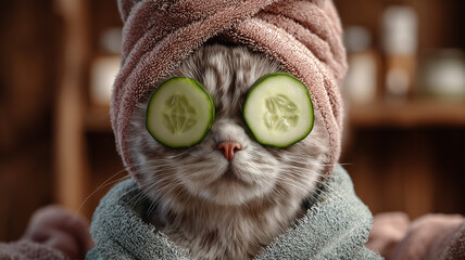 Adorable grey tabby cat enjoying a luxurious spa day, wrapped in a soft towel with cucumber slices over its eyes, relaxing in a cozy wellness setting with warm light and wooden background