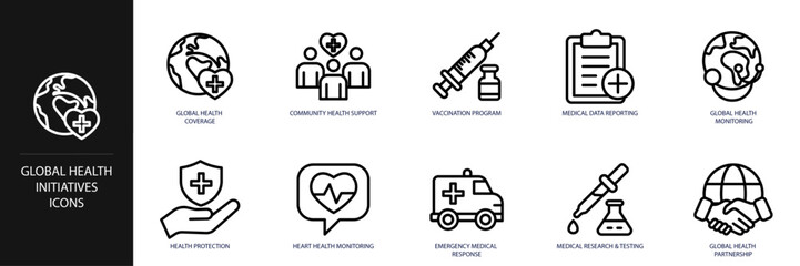 Global Health Initiatives Line Icon Set