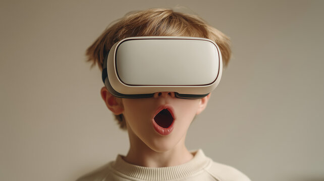 A boy in a beige sweater wearing a VR headset, mouth open in astonishment, experiencing the thrill of futuristic immersive virtual reality technology - Powered by Adobe