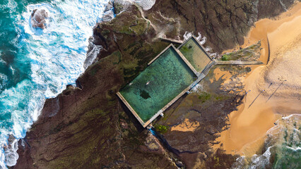 Aerial view of Mona Vale Beach, Northern Beaches NSW, Sydney, Australia. Suburbs and ocean. © Amanda