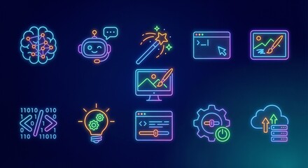 Neon icons depicting technology elements and digital tools in a colorful arrangement on a dark background