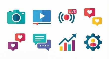 Icons representing social media activities such as video sharing, live streaming, and user interaction in digital platforms