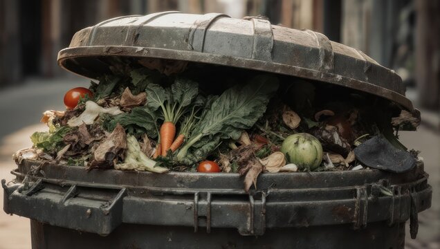 Overflowing Trash Can with Food Waste in Urban Setting.