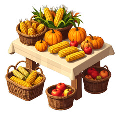 Autumn Harvest Display Corn Pumpkins and Apples in Woven Baskets on Table