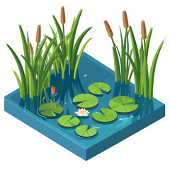 Pixel Art Aquatic Garden Scene with Cattails Lily Pads and a Single Water Lily Flower in Soft Natural Light