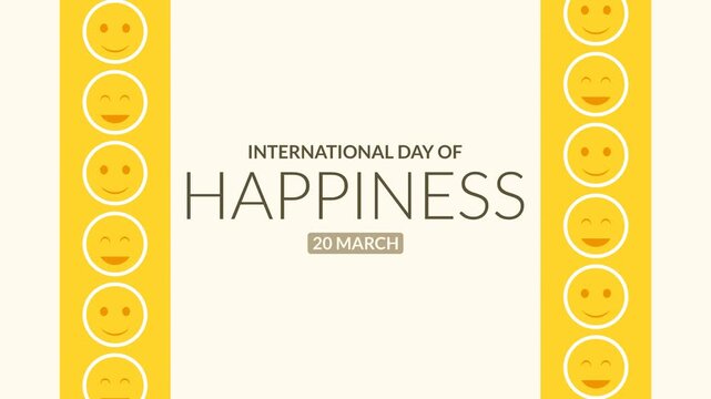Animation with the theme of the International Day of Happiness, featuring text and several happy expression emojis. Smiling and laughing emojis. Simple animation. Motion graphics.