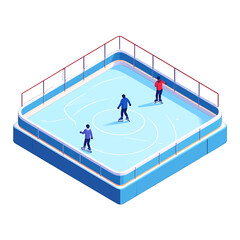Three figures ice skating on a blue and white ice rink with red fencing and white background isometric view winter activity