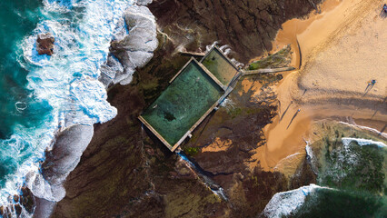 Aerial view of Mona Vale Beach, Northern Beaches NSW, Sydney, Australia. Suburbs and ocean. © Amanda